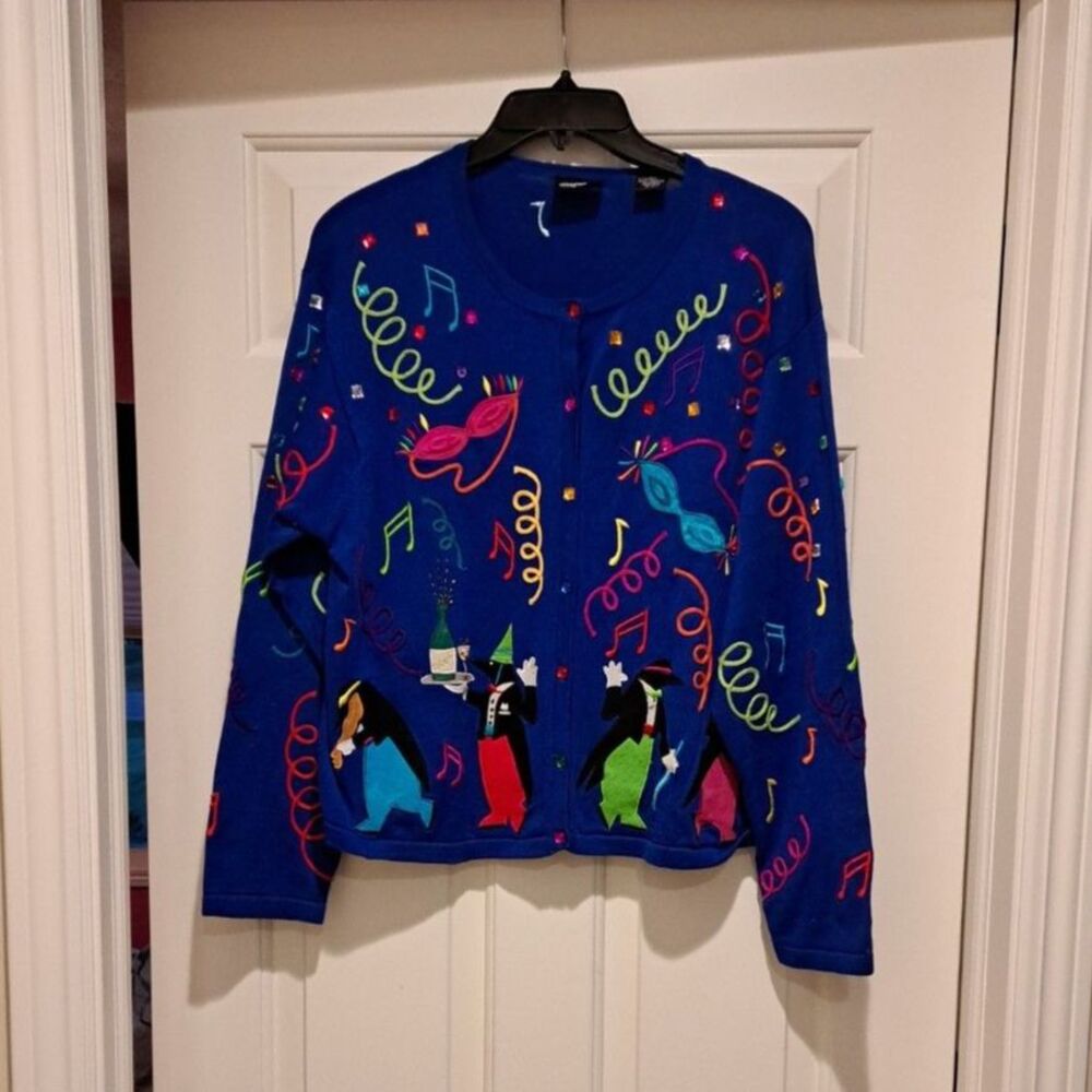 VTG Christina Rotelli Cardigan Embroidered Penguin New Years 2000 Y2K Women's XL